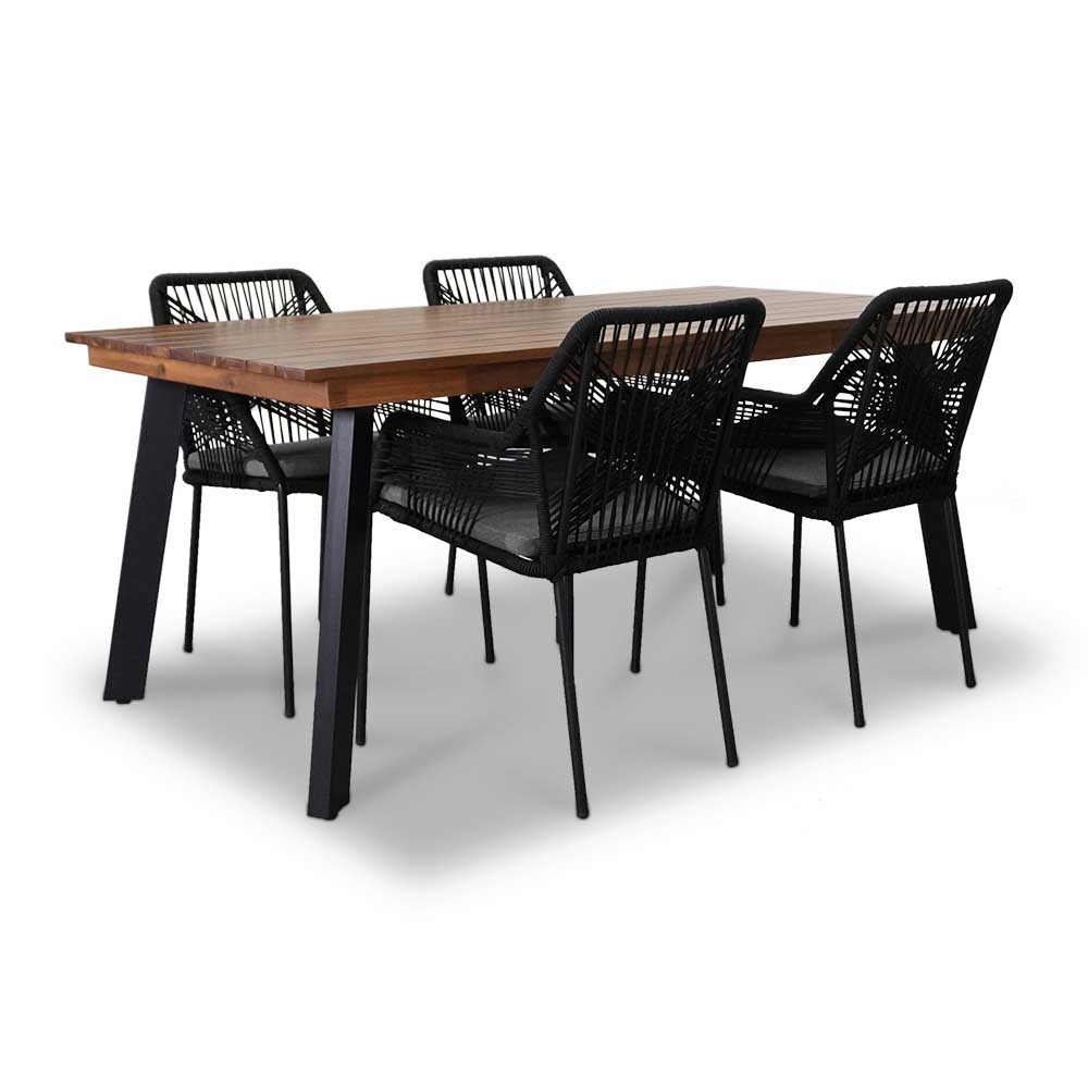 Poznan/Seville zwart dining tuinset 5-delig | hardhout + touw | 180cm