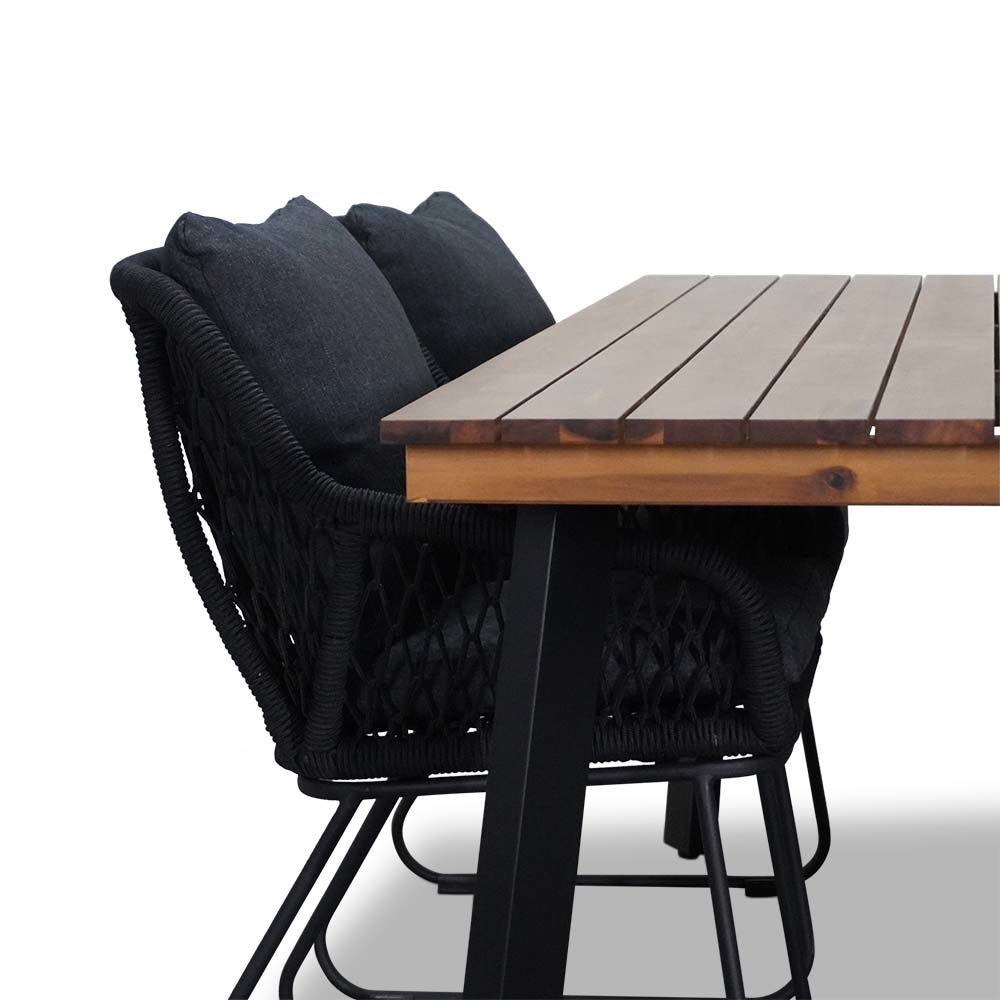 Poznan/Portofino zwart dining tuinset 5-delig | hardhout + touw | 180cm