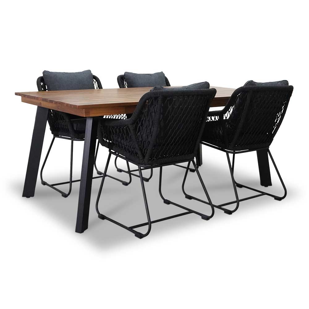 Poznan/Portofino zwart dining tuinset 5-delig | hardhout + touw | 180cm