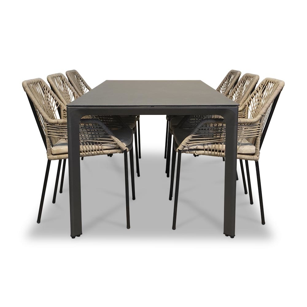 Carcassonne/Seville zand dining tuinset 7-delig | polywood + touw | stapelbaar | 200cm