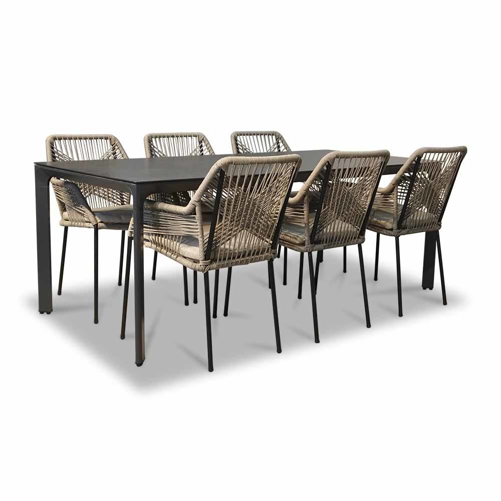 Carcassonne/Seville zand dining tuinset 7-delig | polywood + touw | stapelbaar | 200cm