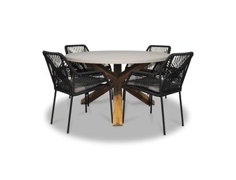 Nancy/Seville zwart dining tuinset | 4 personen | betonlook + touw | 135cm rond