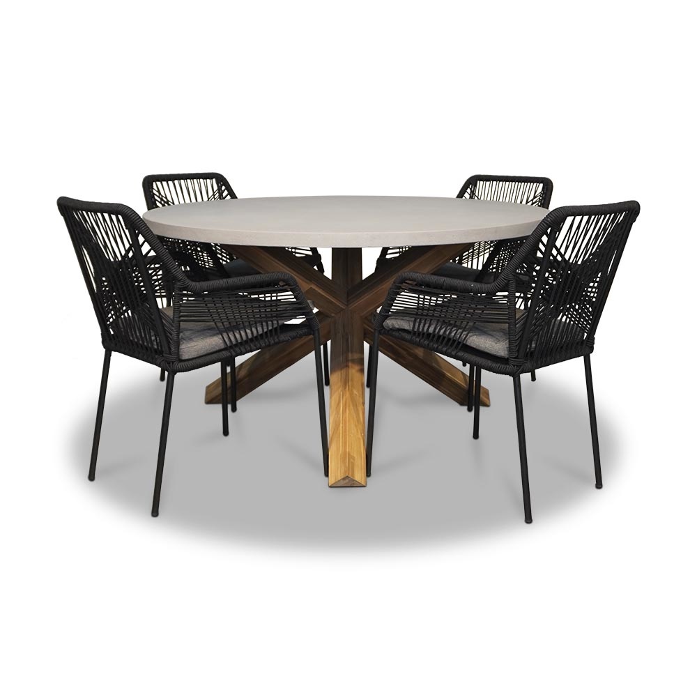Nancy/Seville zwart dining tuinset | 4 personen | betonlook + touw | 135cm rond afbeelding