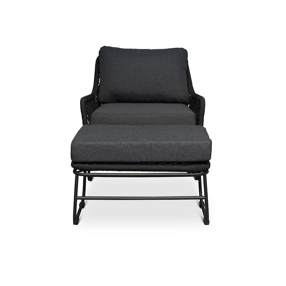 Portofino loungestoel tuin met voetenbank | touw + RVS | zwart