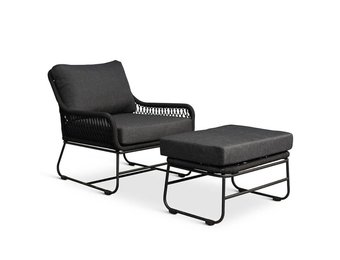 Portofino loungestoel tuin met voetenbank | touw + RVS | zwart