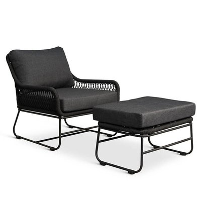 Portofino loungestoel tuin met voetenbank | touw + RVS | zwart