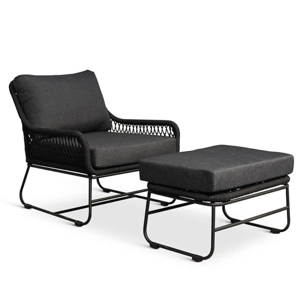 Portofino loungestoel tuin met voetenbank | touw + RVS | zwart afbeelding