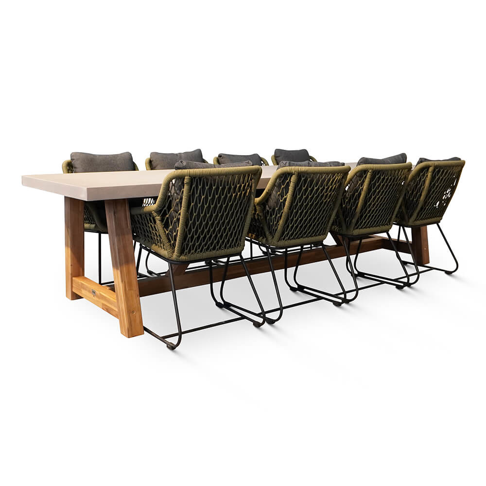 Veltis/Portofino groen dining tuinset 9-delig | betonlook + touw | 300cm