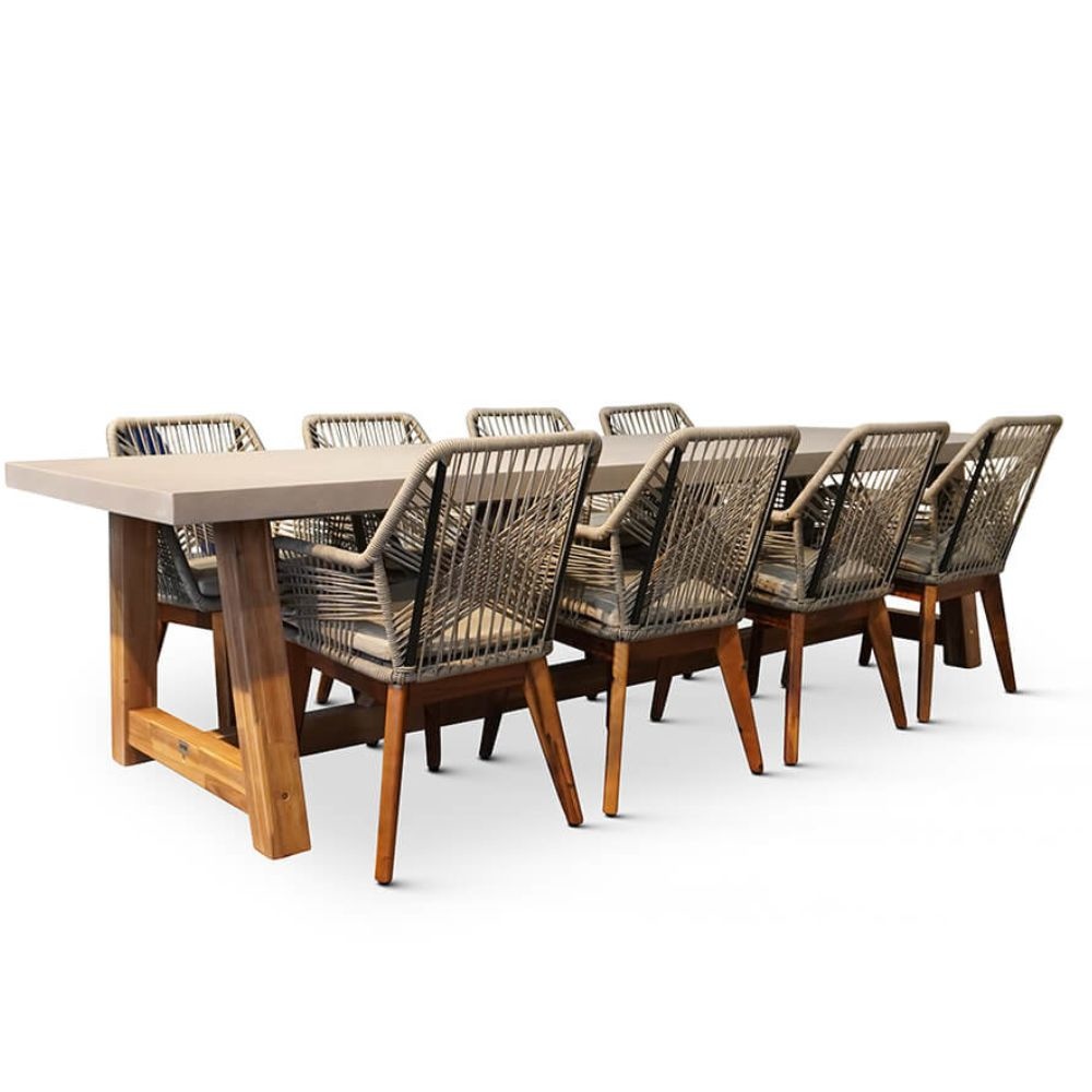 Veltis/Seville zand hout dining tuinset 9-delig | betonlook + touw | 300cm
