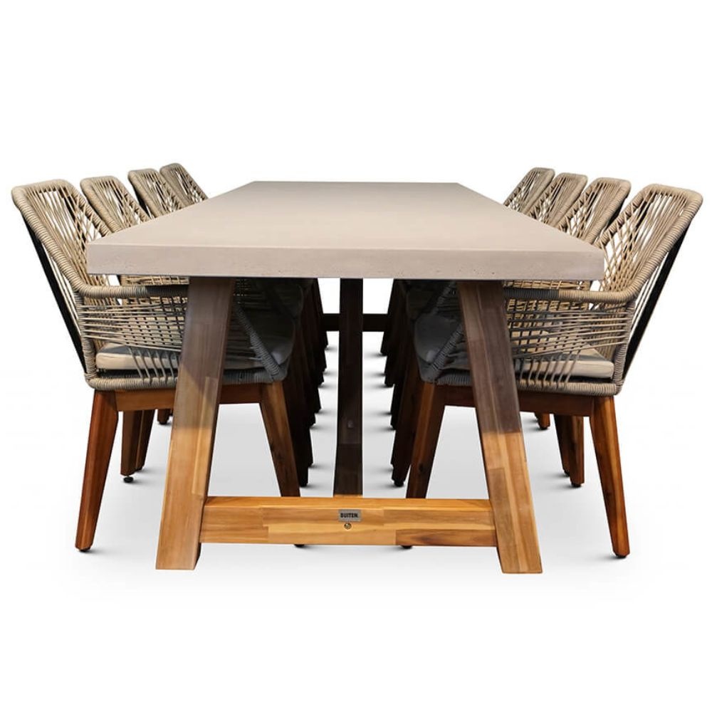 Veltis/Seville zand hout dining tuinset 9-delig | betonlook + touw | 300cm