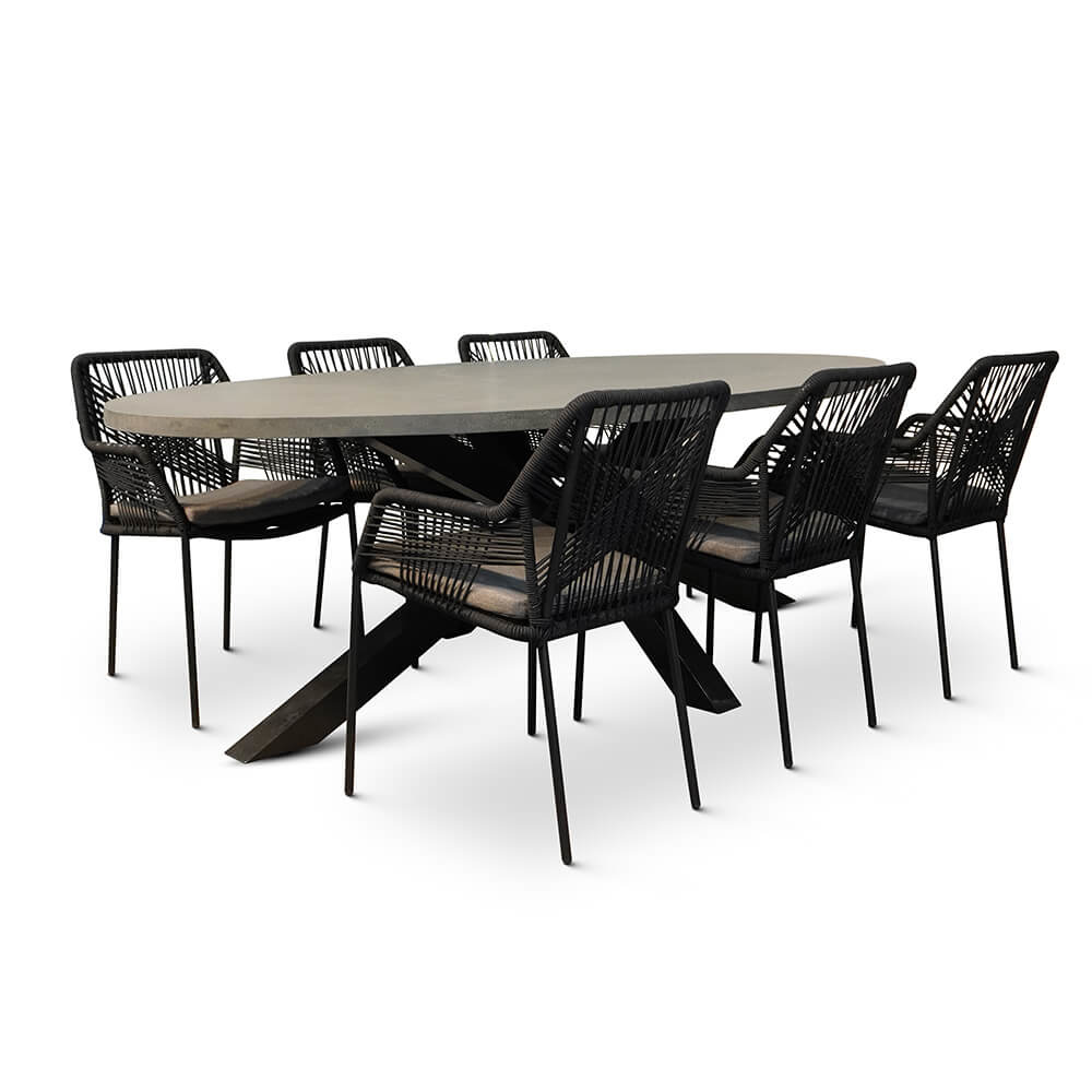 Stockholm/Seville zwart dining tuinset 7-delig | betonlook | 240cm