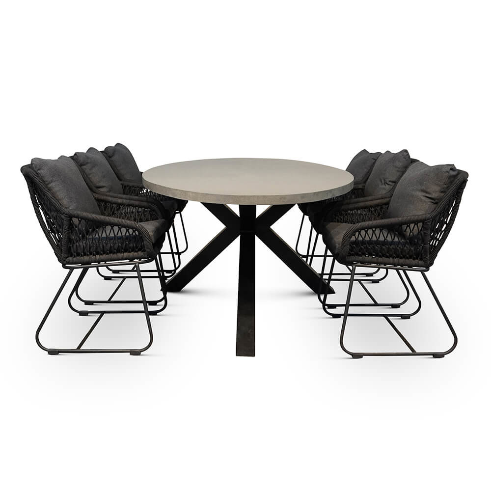 Stockholm/Portofino zwart dining tuinset 7-delig | betonlook + touw | 240 cm