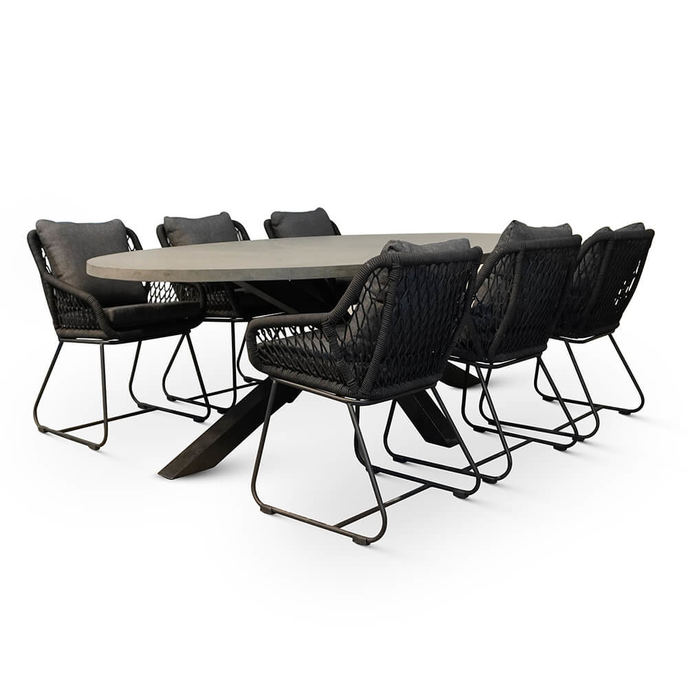 Stockholm/Portofino zwart dining tuinset 7-delig | betonlook + touw | 240 cm
