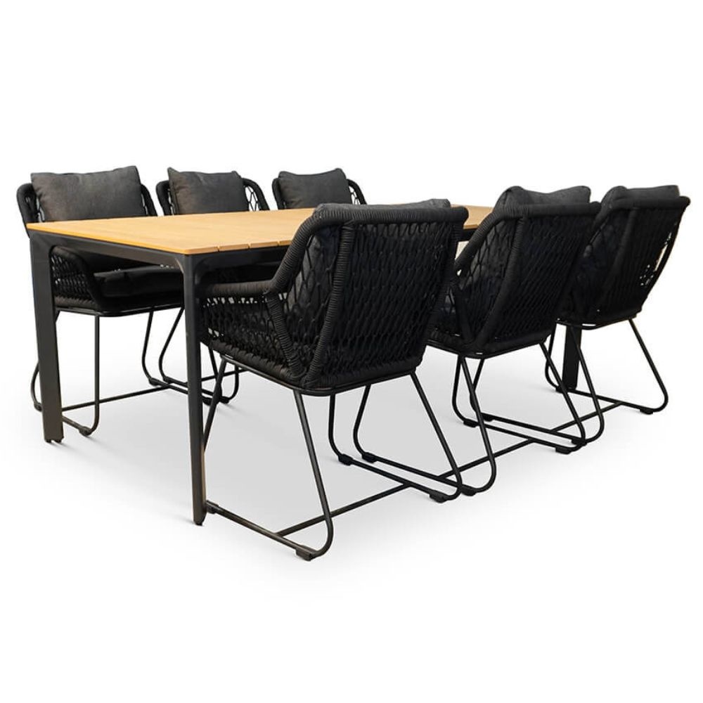Arezzo/Portofino zwart dining tuinset 7-delig | polwood + touw | 200cm
