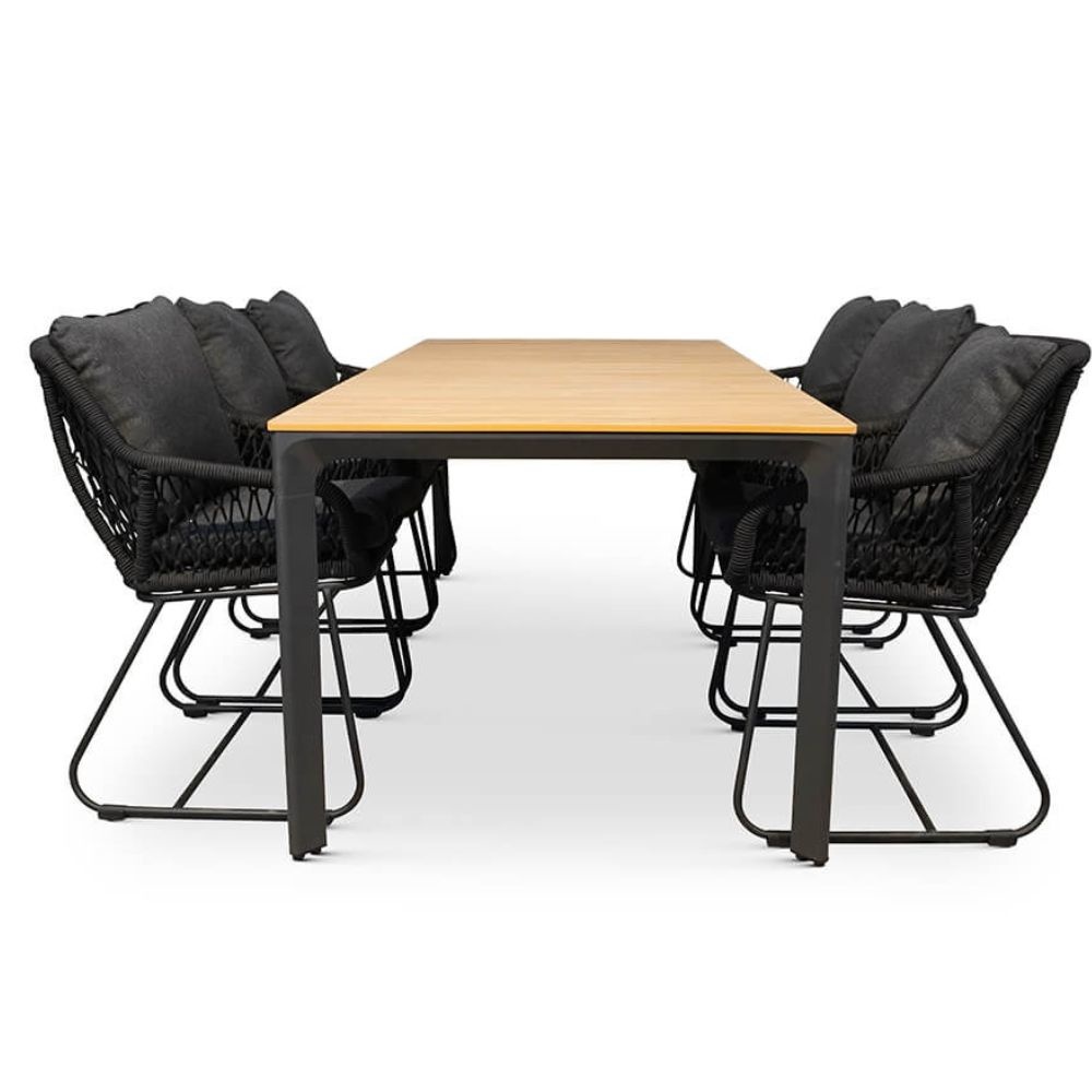 Arezzo/Portofino zwart dining tuinset 7-delig | polwood + touw | 200cm