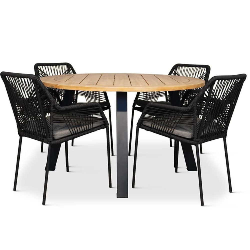 Cork/Seville zwart stapelbaar dining tuinset 5-delig | hardhout + touw | 135cm
