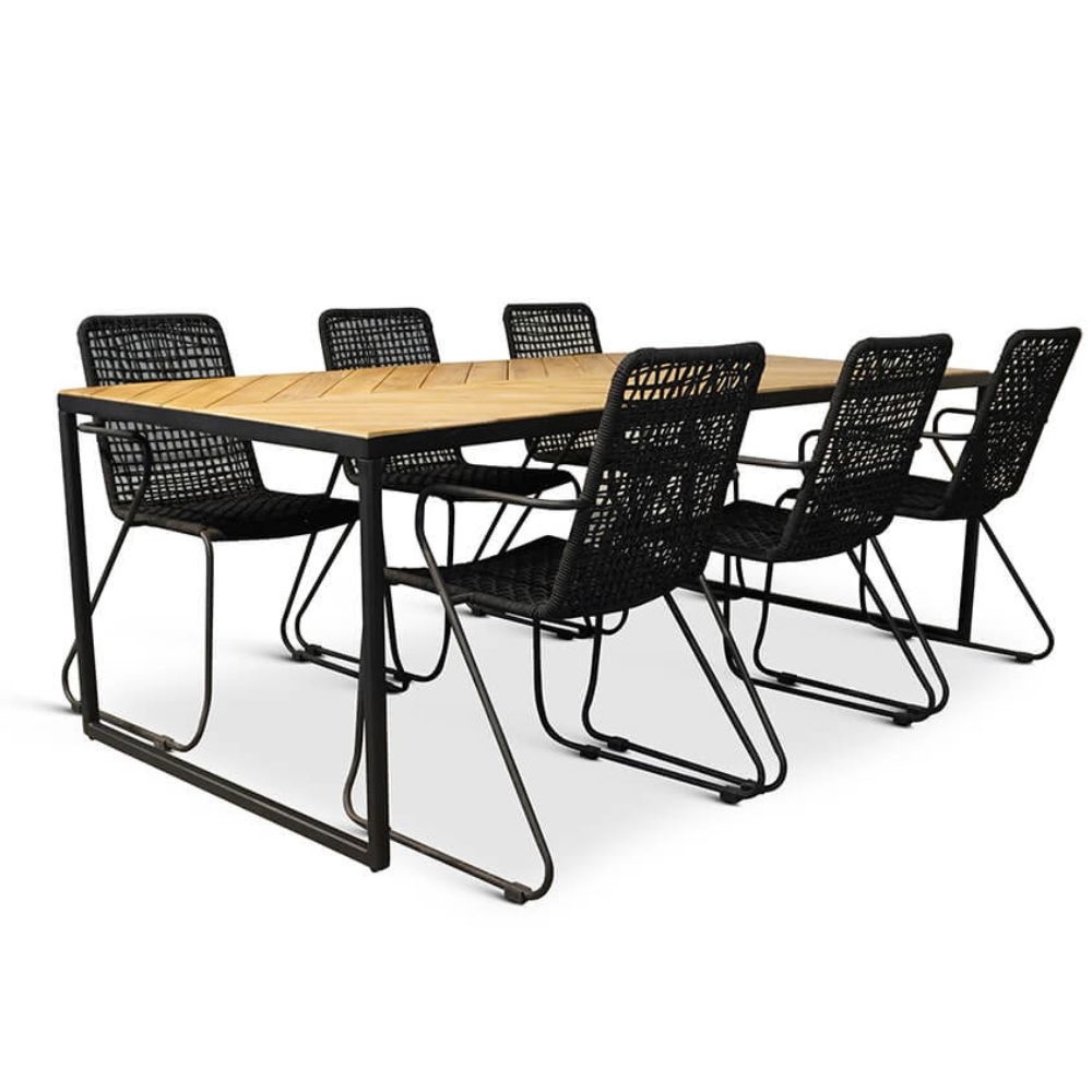 Kampa/Mendes zwart dining tuinset 7-delig | hardhout + staal | 210cm