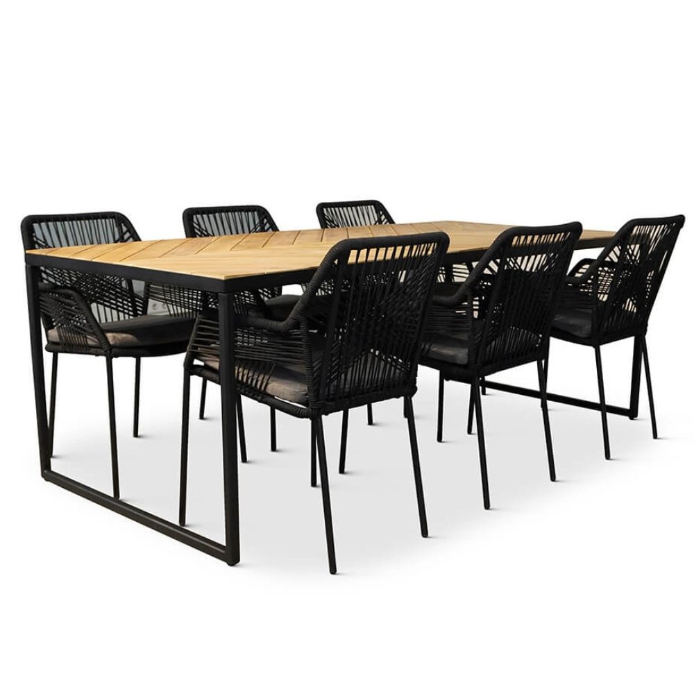 Kampa/Seville zwart dining tuinset 7-delig | hardhout + touw | 210cm