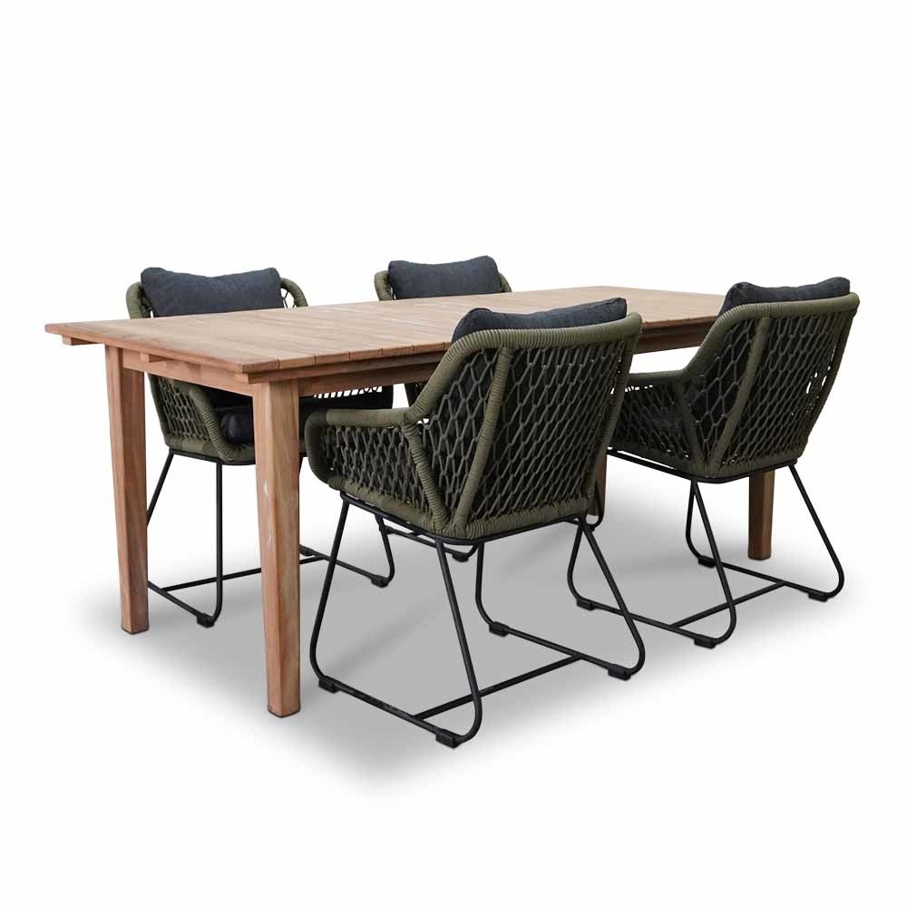 Prestige/Portofino groen dining tuinset 5-delig | teakhout + touw | 200cm