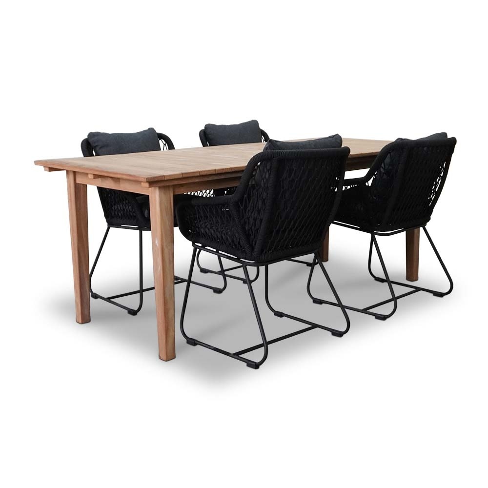 Prestige/Portofino zwart dining tuinset 5-delig | teakhout + touw | 200cm