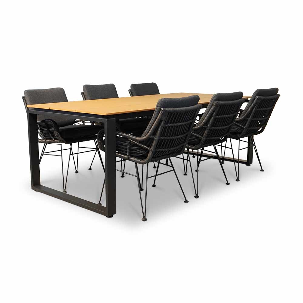 Helsinki Natural/Carlos Charcoal dining tuinset 7-delig | polywood + wicker | 210cm