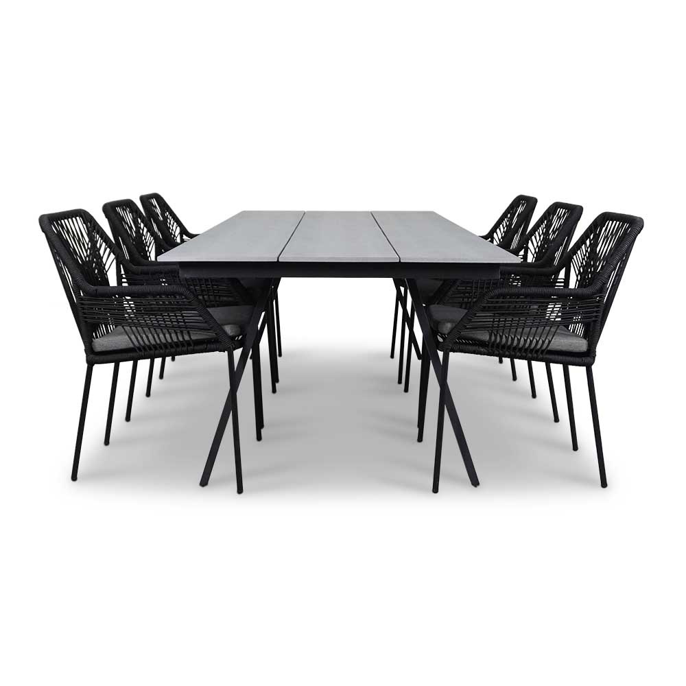 Oslo Grey/Seville zwart dining tuinset 7-delig | polywood + touw | 220cm