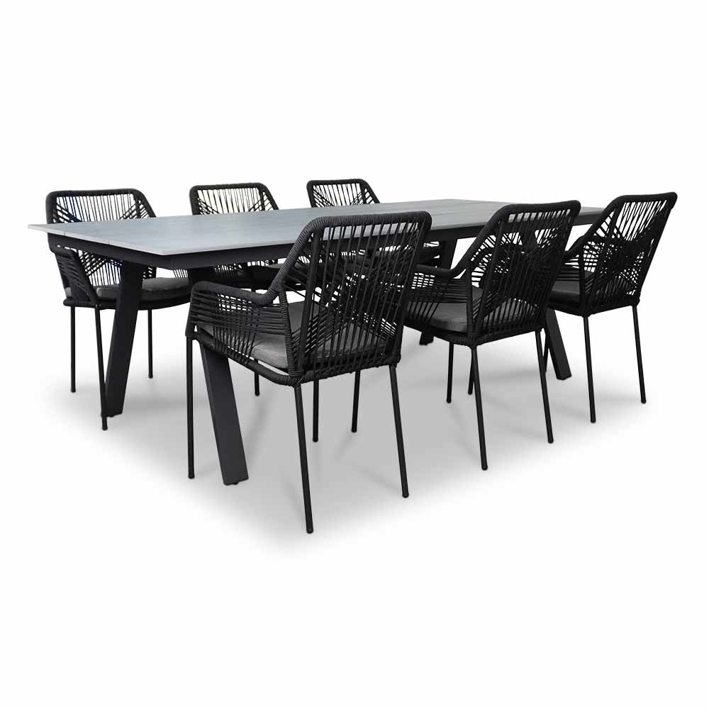 Oslo Grey/Seville zwart dining tuinset 7-delig | polywood + touw | 220cm