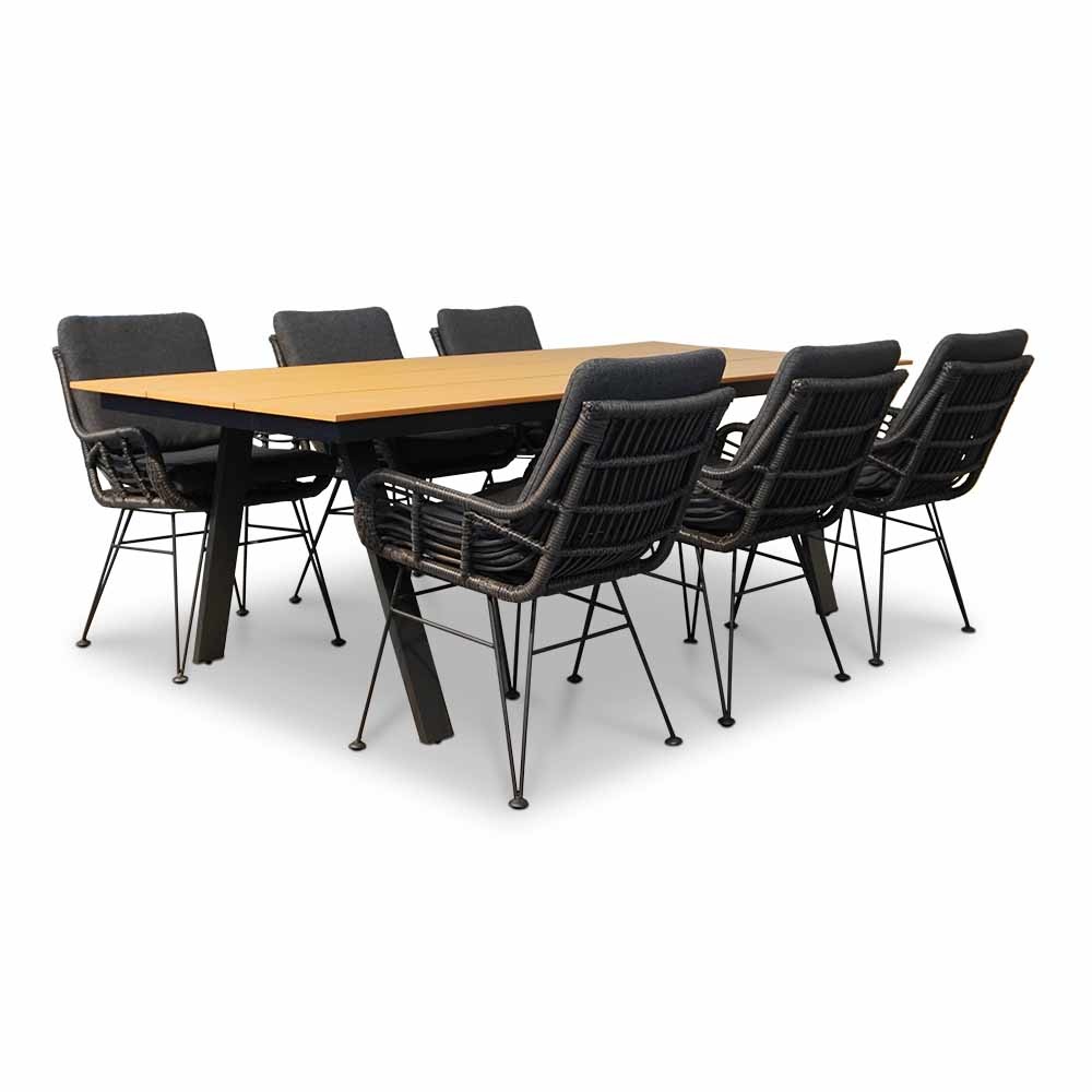 Oslo Natural/Carlos Charcoal dining tuinset 7-delig | polywood + wicker | 220cm