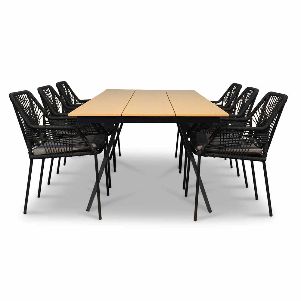 Oslo Natural/Seville zwart dining tuinset 7-delig | polywood + touw | 220cm
