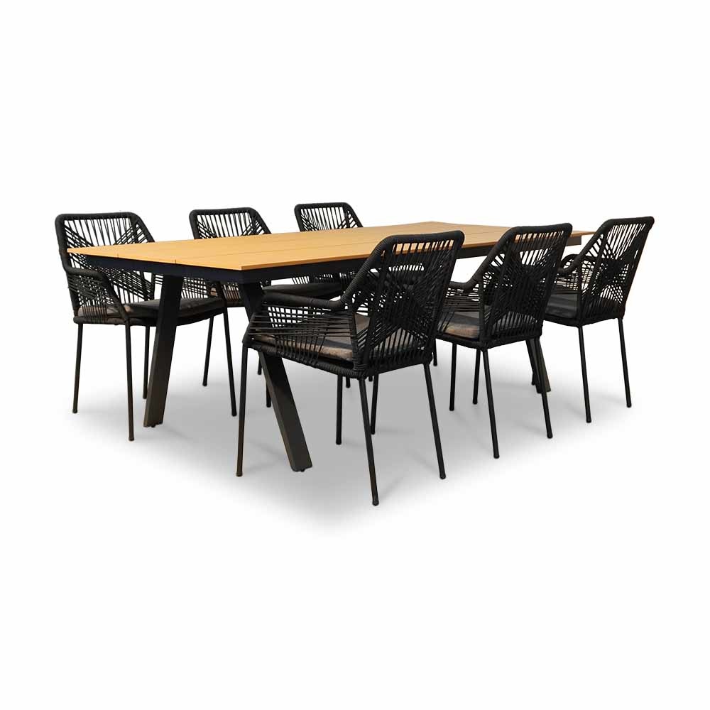 Oslo Natural/Seville zwart dining tuinset 7-delig | polywood + touw | 220cm