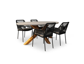 Livorno/Seville zwart dining tuinset | 4 personen | betonlook + hardhout | 200cm ovaal