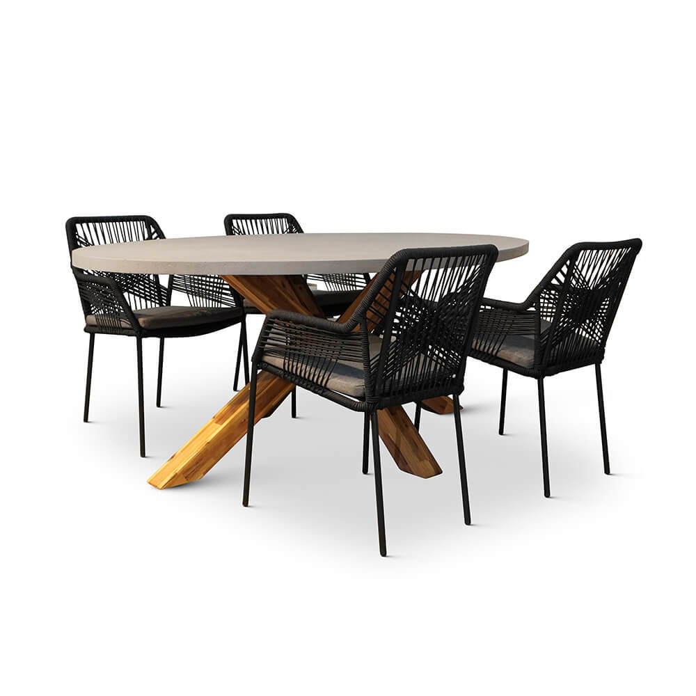 Livorno/Seville zwart dining tuinset | 4 personen | betonlook + hardhout | 200cm ovaal