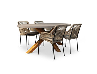 Livorno/Seville zand dining tuinset | 4 personen | betonlook + hardhout | 200cm ovaal