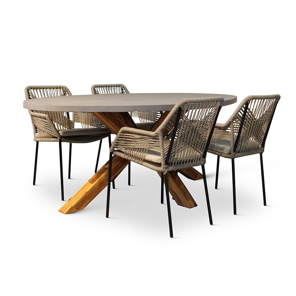 Livorno/Seville zand dining tuinset | 4 personen | betonlook + hardhout | 200cm ovaal