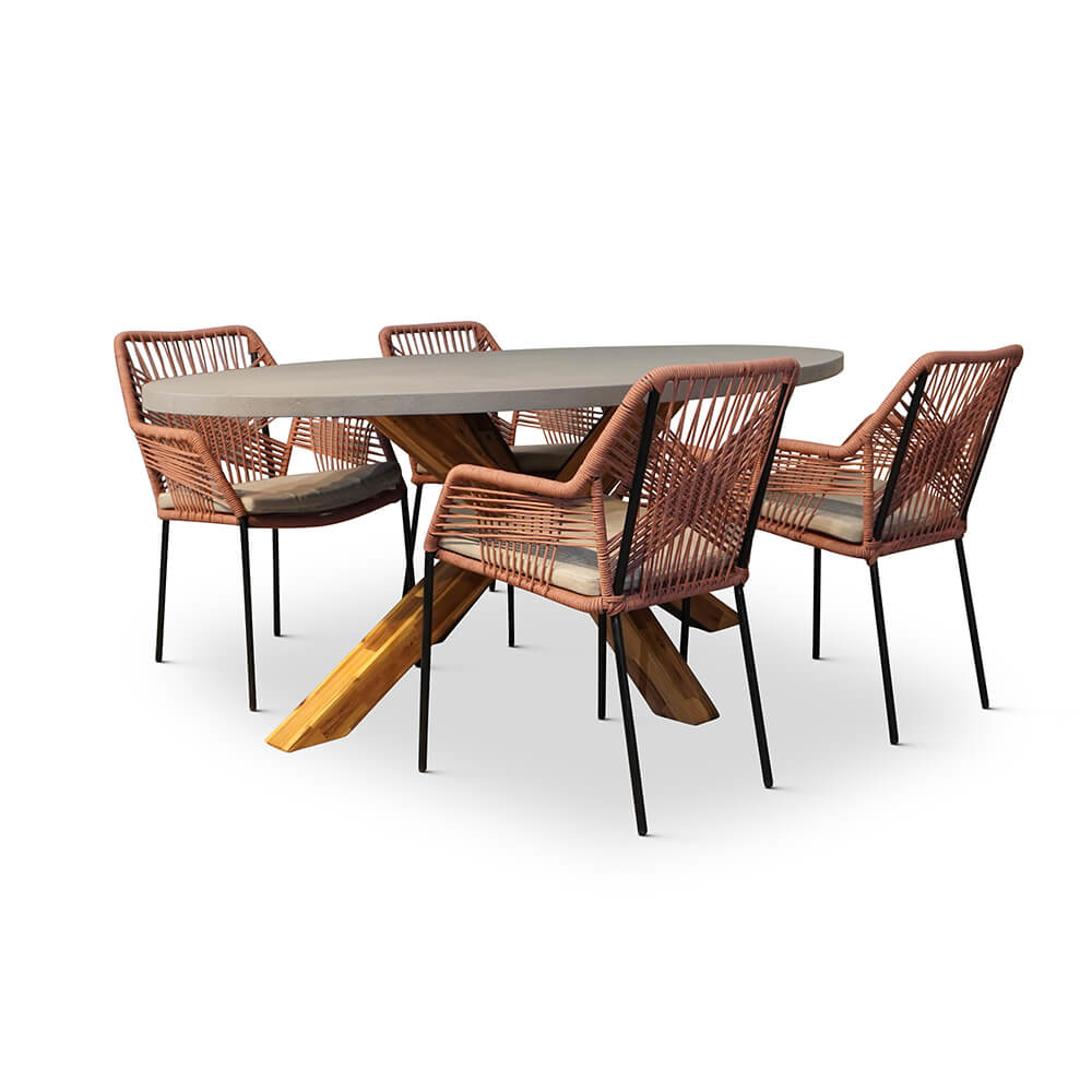 Livorno/Seville terra dining tuinset | 4 personen | betonlook + hardhout | 200cm ovaal afbeelding