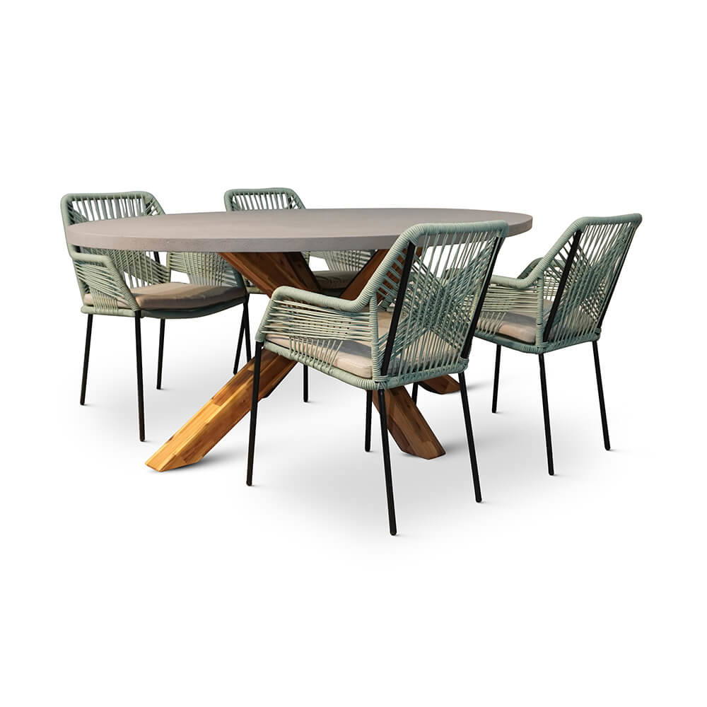 Livorno/Seville mint dining tuinset | 4 personen | betonlook + hardhout | 200cm ovaal