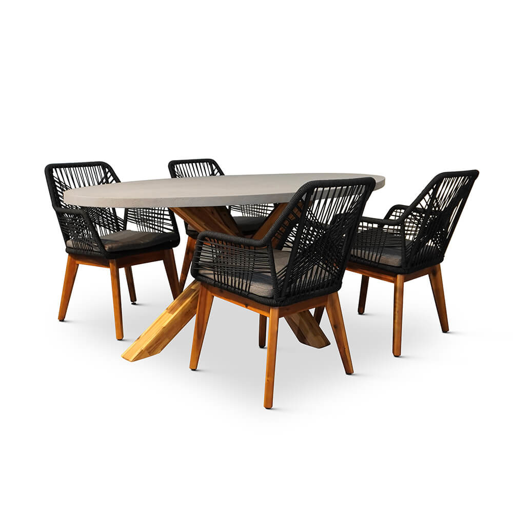 Livorno/Seville hout zwart dining tuinset | 4 personen | betonlook + hardhout | 200cm ovaal