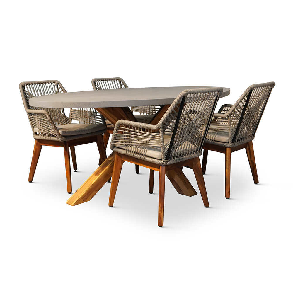 Livorno/Seville hout zand dining tuinset | 4 personen | betonlook + hardhout | 200cm ovaal