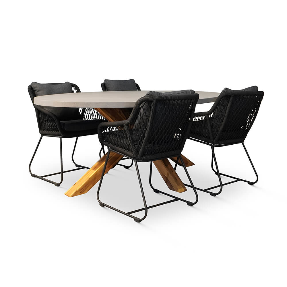 Livorno/Portofino zwart dining tuinset | 4 personen | betonlook + hardhout | 200cm ovaal