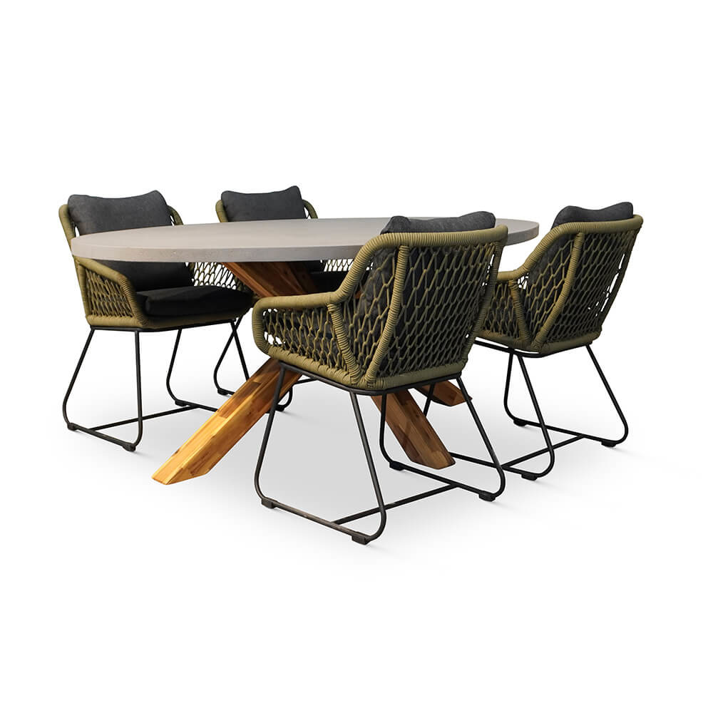 Livorno/Portofino groen dining tuinset 5-delig | betonlook + hardhout | ovaal | 200x110cm