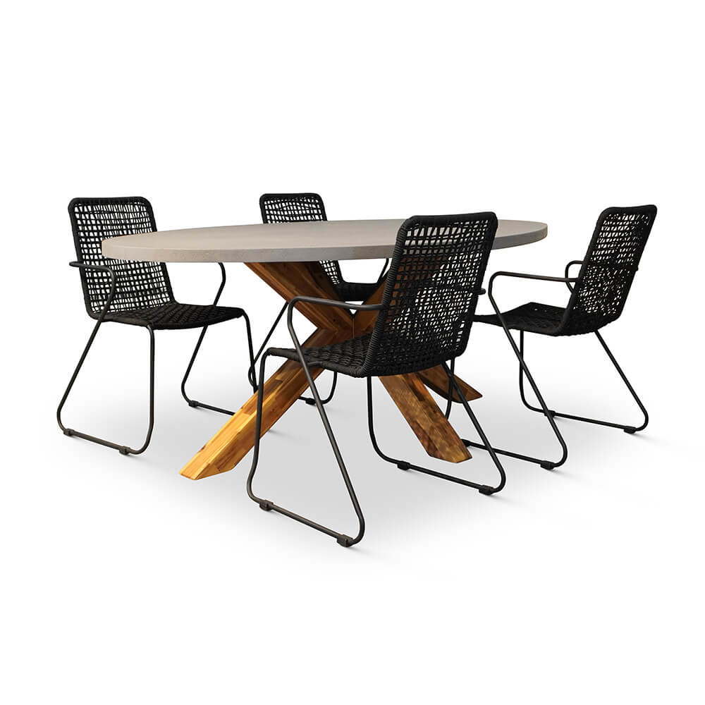 Livorno/Mendes zwart dining tuinset 5-delig | betonlook + hardhout | ovaal | 200x110cm