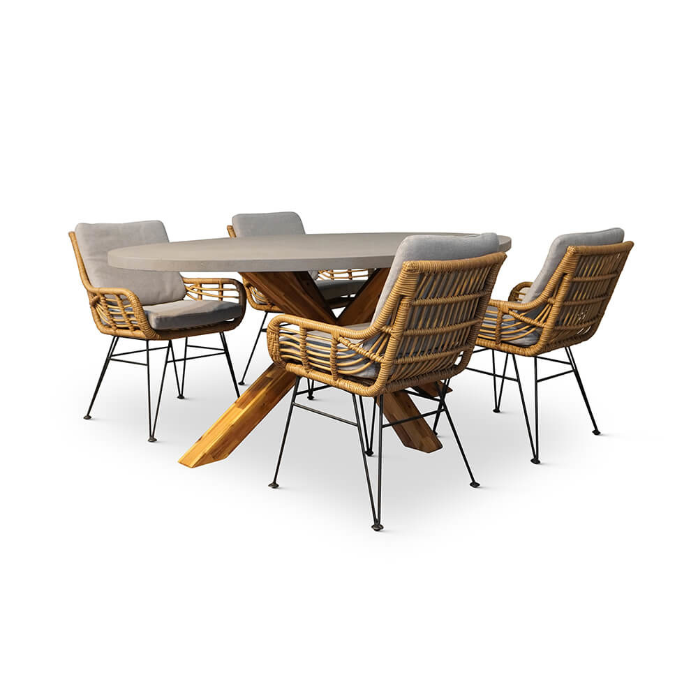 Livorno/Carlos taupe dining tuinset | 4 personen | betonlook + hardhout | 200cm ovaal afbeelding