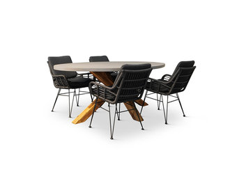 Livorno/Carlos Charcoal dining tuinset | 4 personen | betonlook + hardhout | 200cm ovaal