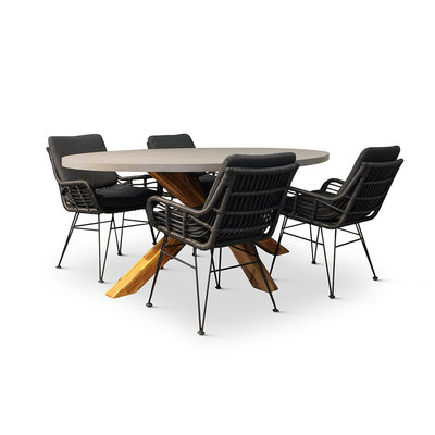 Livorno/Carlos Charcoal dining tuinset | 4 personen | betonlook + hardhout | 200cm ovaal