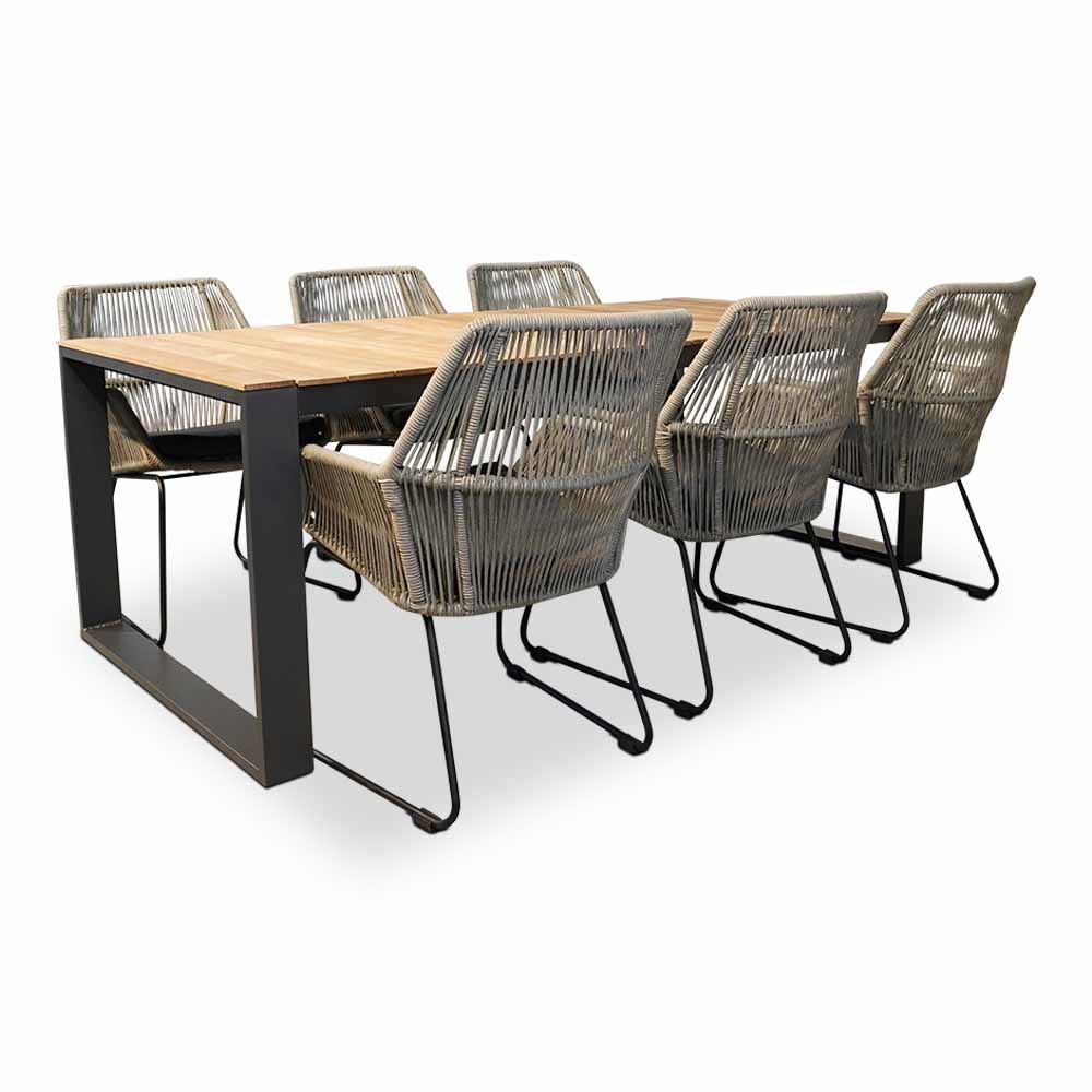 Atlanta/Chester zand dining tuinset 7-delig | hardhout + touw | 218cm