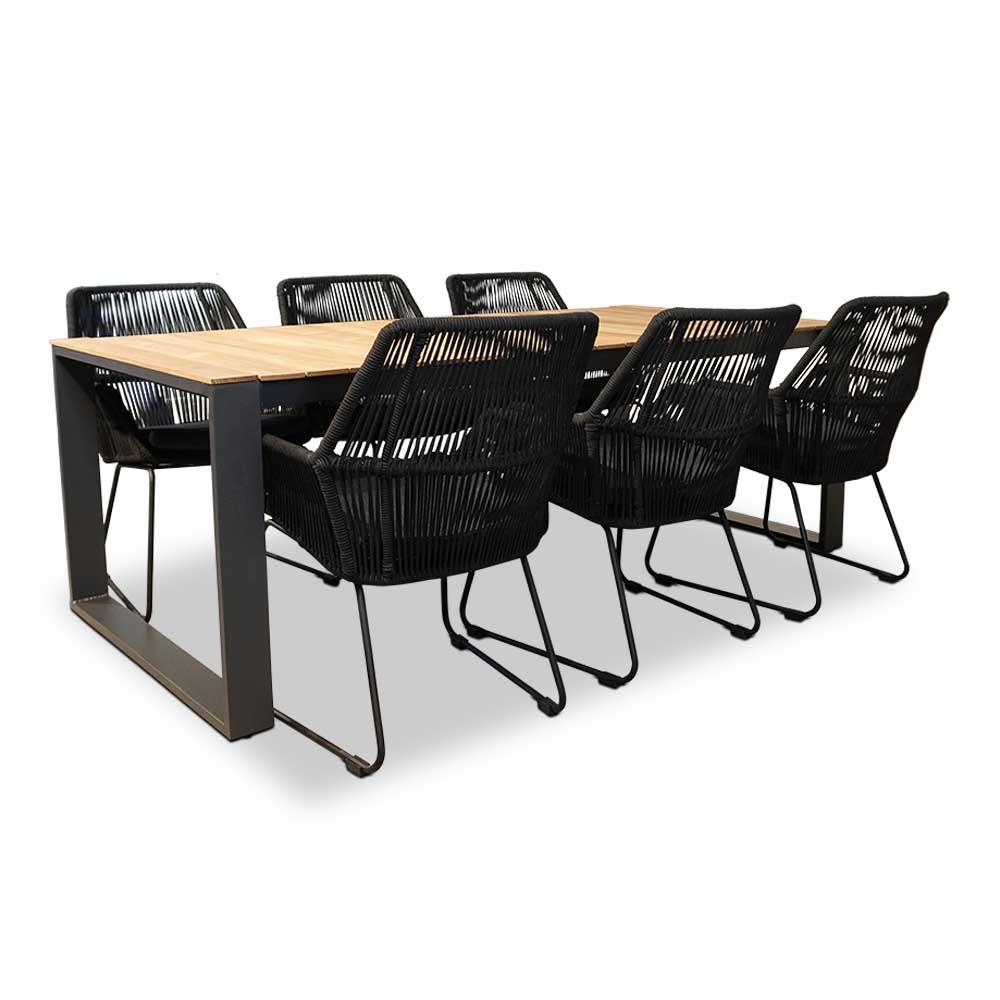 Atlanta/Chester zwart dining tuinset 7-delig | hardhout + touw | 218cm