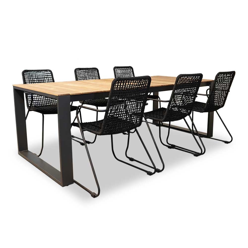 Atlanta/Mendes zwart dining tuinset 7-delig | stapelbaar | 218cm