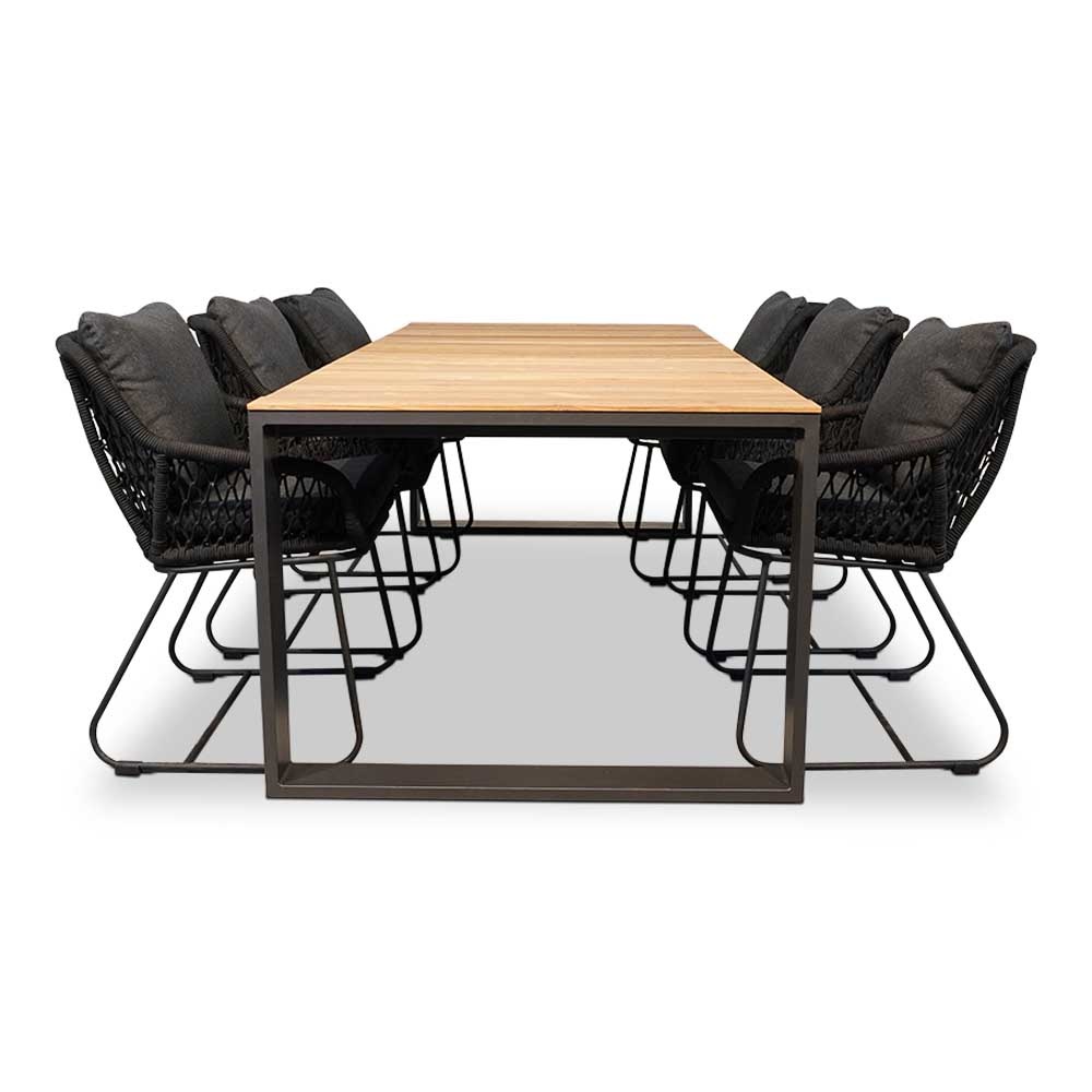 Atlanta/Portofino zwart dining tuinset 7-delig | teakhout + touw | 218cm