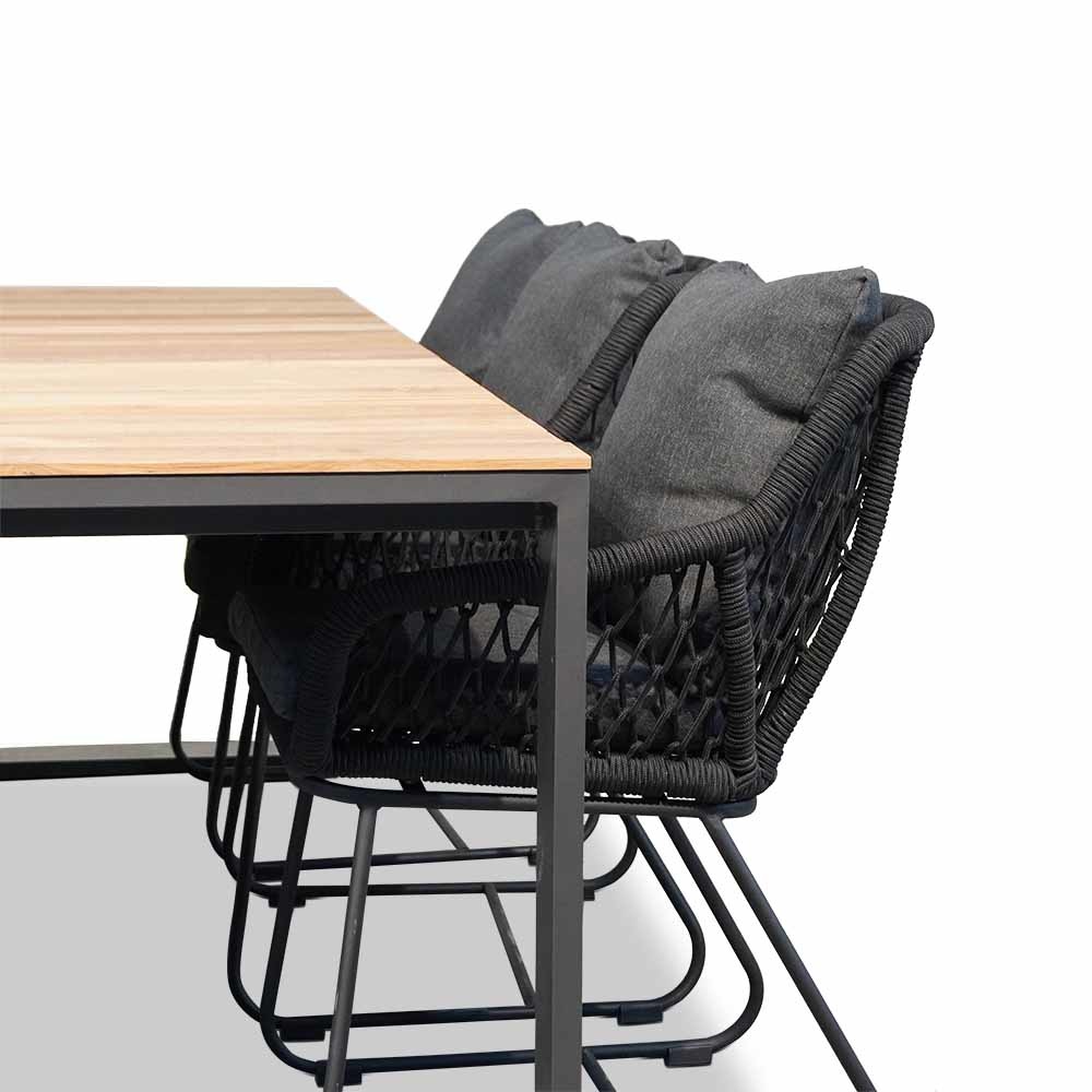 Atlanta/Portofino zwart dining tuinset 7-delig | teakhout + touw | 218cm
