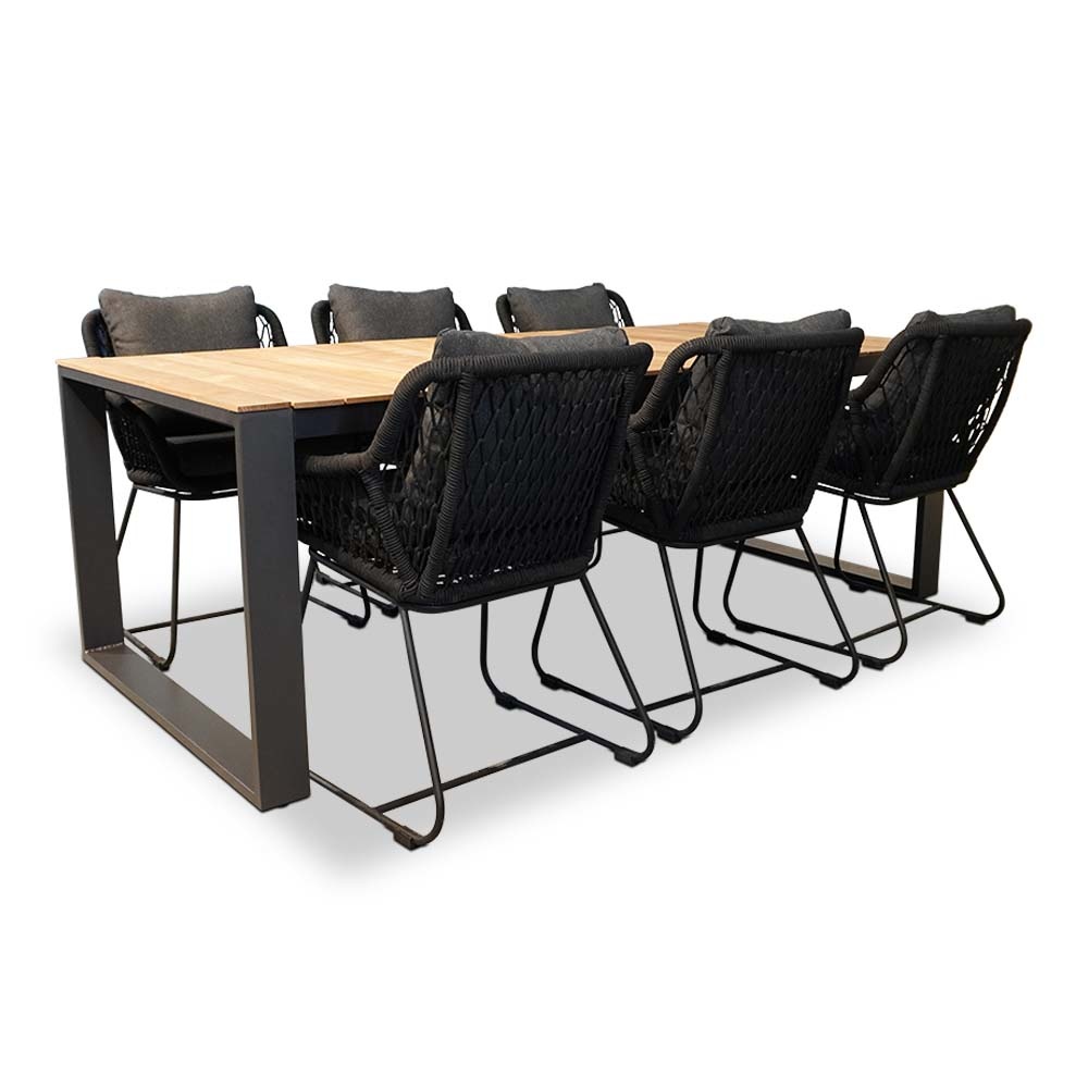 Atlanta/Portofino zwart dining tuinset | 6 personen | teakhout + touw | 218cm